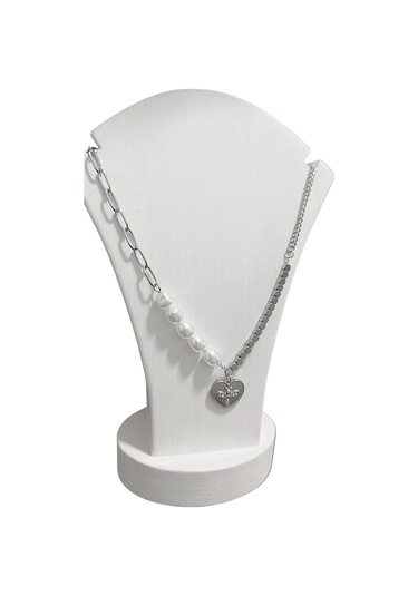 Kadın Çelik İncili Farklı Zincir Detaylı Kalp Kolye Gümüş Renk Çelik