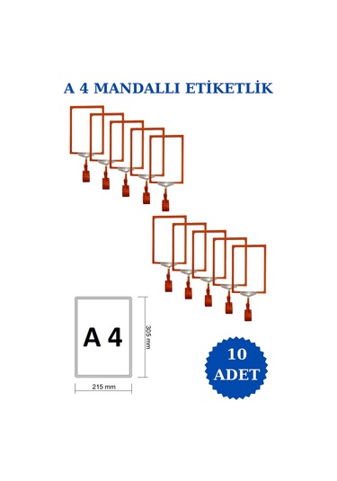 10 Adet Turuncu A4 Mandallı Raf Sepet Etiketi Çerçeveli Etiketlik Turuncu