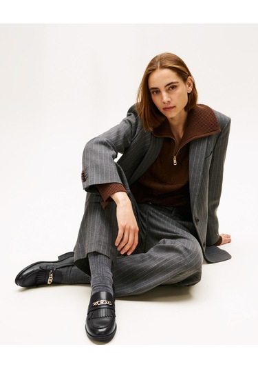 Th Chain Fringe Kadın Deri Siyah Loafer-9527 Siyah