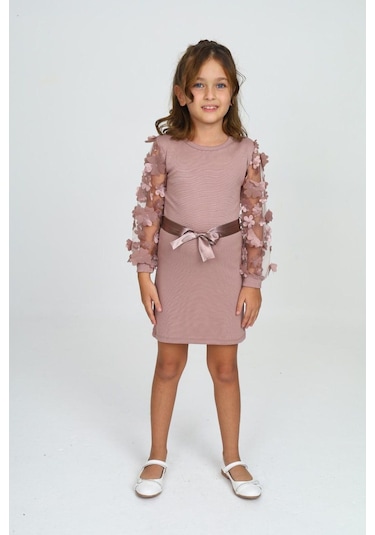 Belden Bağlamalı Tül Detaylı Çocuk Elbise Mykids Collection Pudra