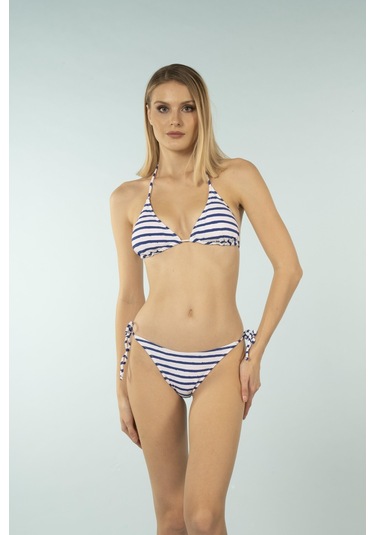 Estiva Parlak Üçgen İpli Bikini Takımı - Lacivert Çizgili