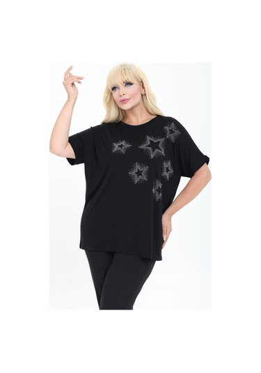 Yıldız Tasarım Taş Detaylı Bambu Yarasa Kol Bluz M-6xl Siyah