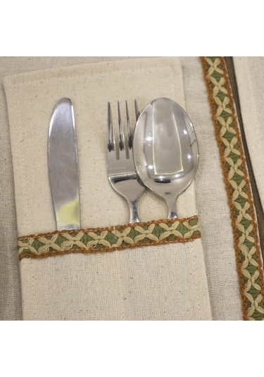 Dnc Home Tekstil Ndchome Keten 6lı Amerikan Servis Seti Kaşıklık Hediyeli 35 X 55 Krem