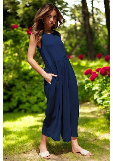 Sırt Detaylı Şık Keten Tulum Lacivert