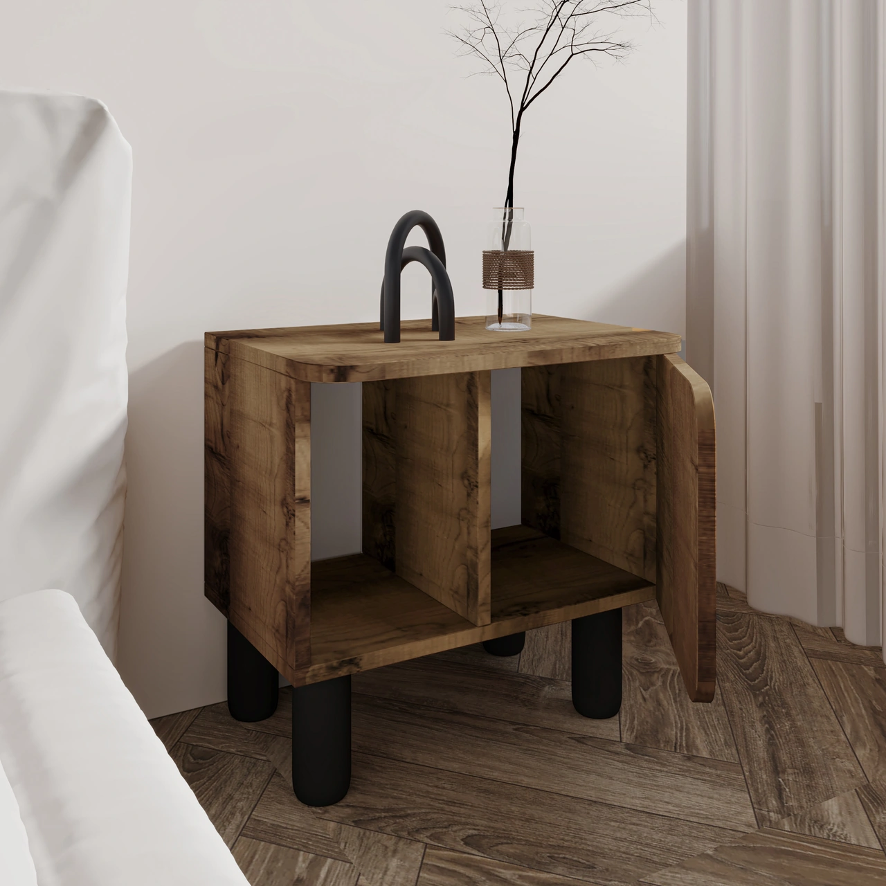 River Komodin Şık Ve Fonksiyonel Başucu Sehpası Antik Ceviz