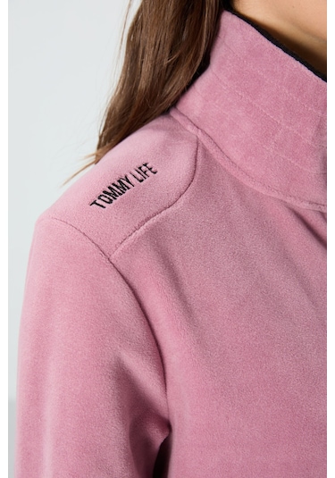 Tommy Life Gül Kurusu Dik Yaka Fermuarlı Rahat Form Kadın Polar Sweatshirt - 97173 Gülkurusu