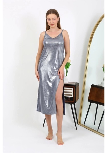 Giyim Kadın İp Askılı Uzun Parlak Micro Elbise Gecelik Gri Gri