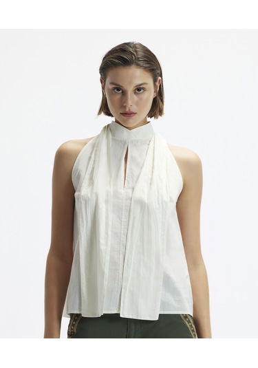 Yargıcı Kolsuz Dik Yaka Bağlamalı Bluz KIRIK BEYAZ Kırık Beyaz