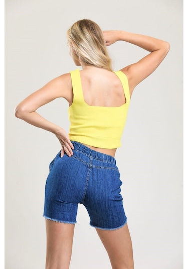 Pass&Pass 2080 Kadın Püsküllü Paça Jeans Denim Kot Şort Koyu Mavi