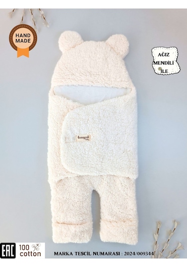 Bebek Dış Kundak Battaniyesi Welsoft Ekstra Uzun Kışlık Peluş Ayakları Açılabilen Uyku Tulumu 0-12ay Ekru