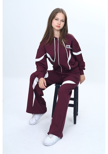 Kız Çocuk %100 Pamuk Garnili Kapüşonlu Fermuarlı Oversize Alt&üst Trend Eşofman Takımı-315-eşt-0003 MÜRDÜM