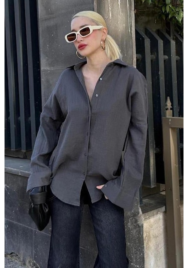Madmext Antrasit Muslin Kumaş Basic Kadın Gömlek Mg1660 Antrasit