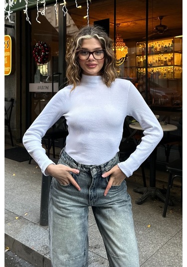 Saks Yarım Balıkçı Şardonlu Fitilli Bluz Beyaz