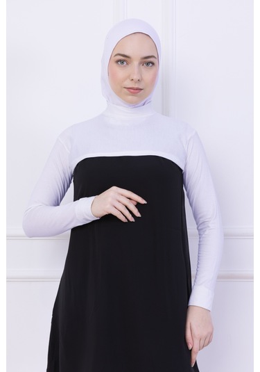 Balıkçı Yaka Boyunluklu Kolluk Beyaz - Likralı Dik Yakalı Kadın Body Tesettür Crop Bolero Beyaz