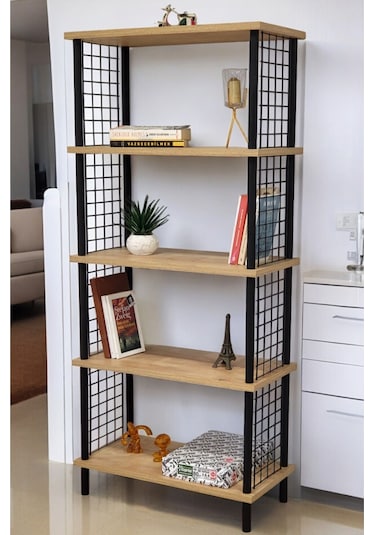 Kitap Yuvası 5 Raflı Geniş Kitaplık Ayakkabılık Banyo Düzenleyici Klasörlük Dekoratif Mutfak Rafı Safir Meşe