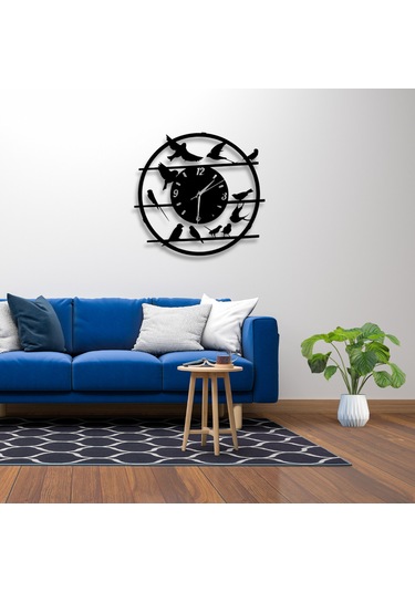 Kuş Figürlü Duvar Saati - 40 Cm Siyah Renk Sessiz Mekanizma Metal Siyah