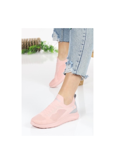 Günlük Kadın Erkek Unisex Sneaker Triko Nefes Alabilen Yürüyüş Bağcıksız Esnek Spor Ayakkabı Pudra