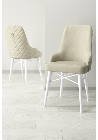 Mazaka Beyaz 80x132 Açılabilir Mdf Masa Yemek Odası Takımı, Mutfak Takımı 6 Adet Sandalye Krem