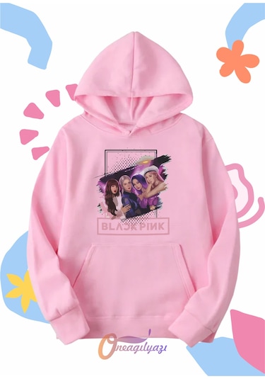 Çocuk Unisex Blackpink Kızlar Baskılı Oversize Kapüşönlü Sweatshirt Pembe