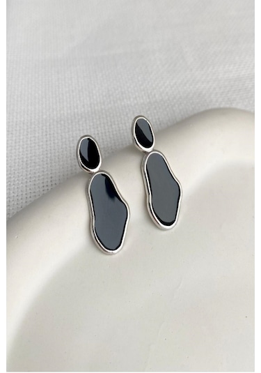 Kadın Küpe Soyut Tasarım Siyah Taş Küpe 001