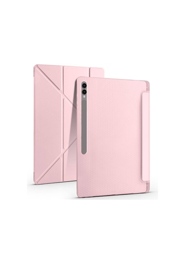 Galaxy Tab S9 Ultra Kılıf Uyumlu Zore Tri Folding Kalem Bölmeli Standlı Kılıf-rose Gold Tablet Kılıfı