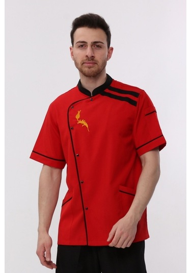 Uniprom Kısa Kollu Aşçı Ceketi Önlük Nakışlı Cepli Şef, Garson Kırmızı