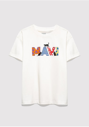 Mavi Logo Baskılı Tişört Kırık Beyaz Krem