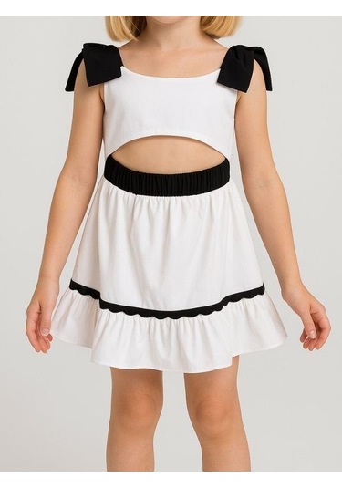 Kız Çocuk Omuzları Fiyonk Detaylı Bel Dekolte Detaylı Elbise-16068 Beyaz
