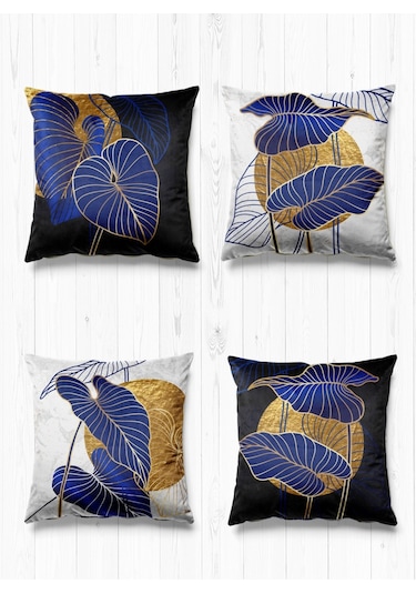 Çift Tarafı Farklı Desenli Süet 4'lü Kırlent Kılıfı-Altın Mavi Mermer