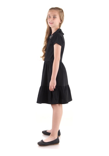 Ahengim Kız Çocuk Düğmeli Yaka Nakışlı Elbise Trend Pamuklu Pamuklu Ak2523 Siyah