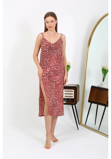 Giyim Kadın İp Askılı Uzun Parlak Micro Elbise Gecelik Kırmızı Kırmızı