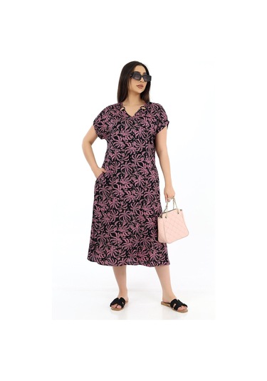 Kadın Viskon Yarım Kol V Yaka Halkalı Cepli Elbise Pembe Pembe