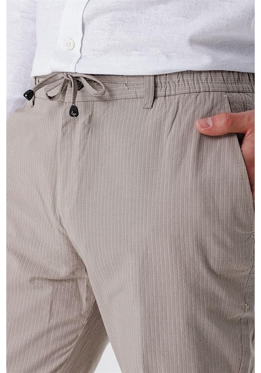 Koyu Bej Çizgili Armürlü % 100 Pamuk Yan Cep Slim Fit Dar Kesim Casual Pantolon 1003230159-koyu Bej Koyu Bej