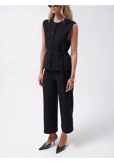 Kuşaklı Dokuma Yelek Siyah