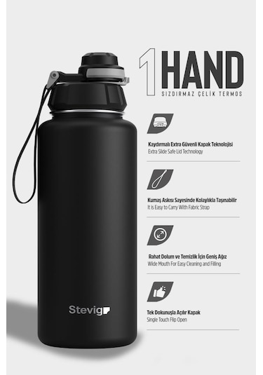 Stevig 1 Hand Leak-proof Sızdırmaz Çelik Termos 1000 Ml Black St-210