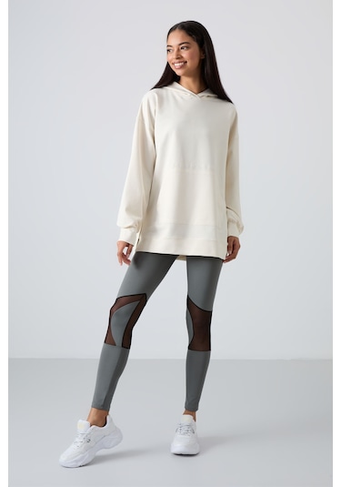 Tommy Life Ekru Balon Kol Yazı Nakışlı Kadın Oversize Tunik Sweatshirt - 97163 Ekru