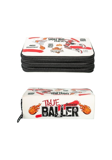 Kalem Kutusu Basketbol Temalı Orginazer Üç Bölmeli Vegan Deri Kalemlik