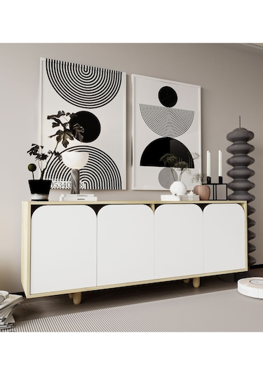 Lazio Bohem Ahşap Ayaklı Modern Konsol 180 Cm Safir Meşe-beyaz