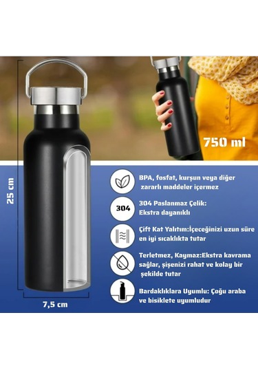 750 Ml Paslanmaz Çelik Tutacaklı Termos Matara -vakumlu Sızdırmaz Beyaz
