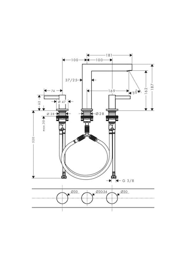 Hansgrohe Finoris 3 Delikli Lavabo Bataryası 160 Krom - 76034000 Gri