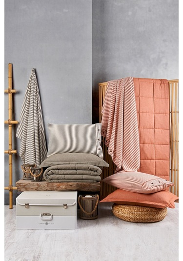 Life %100 Pamuk Nevresim Takımı Ve Yatak Örtüsü 7 Parça Haki Bej