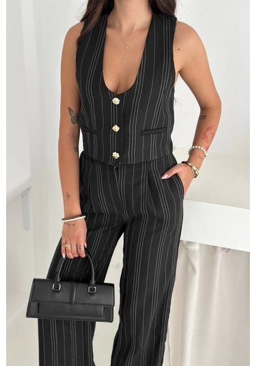Çizgili Kumaş Yelek Takım Siyah Siyah