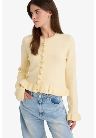 Defacto Regular Fit Bisiklet Yaka Triko Hırka F3888ax25wnyl280 Sarı