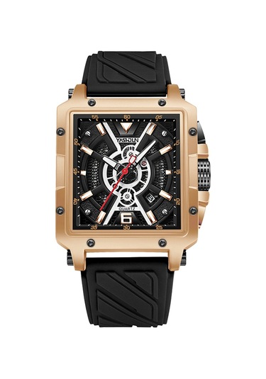 Yashıdun 5071 Şık Kare Kuvars İzle Silikon Kayış Erkekler Aydınlık Bilek Saati - Altın Kadran / Siyah Kayış