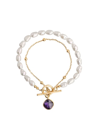 Mor Taşlı Altın Kaplama İncili Dolamalı Gümüş Bileklik Gümüş - Rose Gold