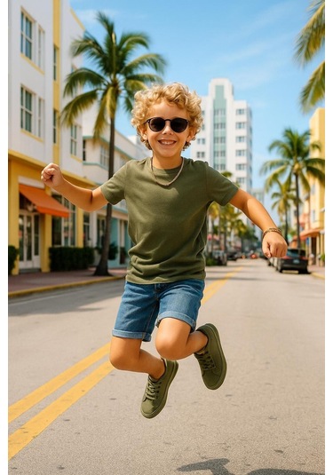 Haki Çocuk T-shirt Kız Erkek Unisex %100 Pamuk Haki