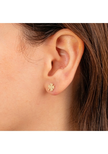 Altın Küpe - 14 Ayar Altın Minimal Yonca Yaprağı Küpe Sarı