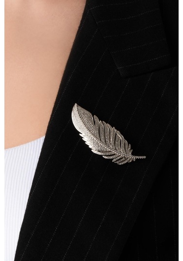 Baykuş Tüyü 18 Ayar Beyaz Altın Kaplama Gümüş Broş Beyaz