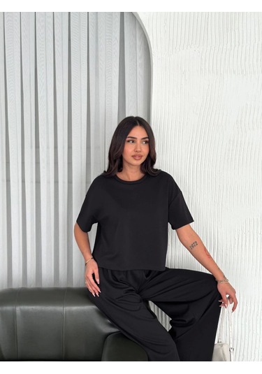 Osy Modal Yumuşak Dokulu Kumaş Bisiklet Yaka T-shirt Bol Paça Pantalon Ikili Takım -siyah Siyah