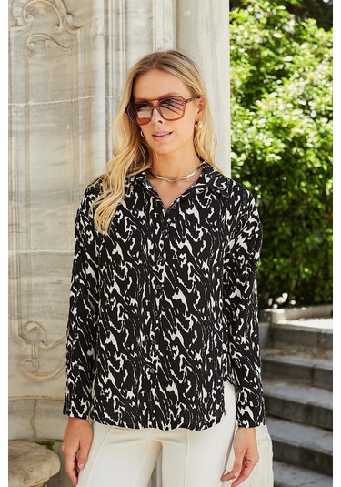 Kadın Likrasız Viskon Vual Desenli Yakalı Düşük Omuzlu Uzun Kol Şık Gömlek-Siyah Desen Siyah Dsn.